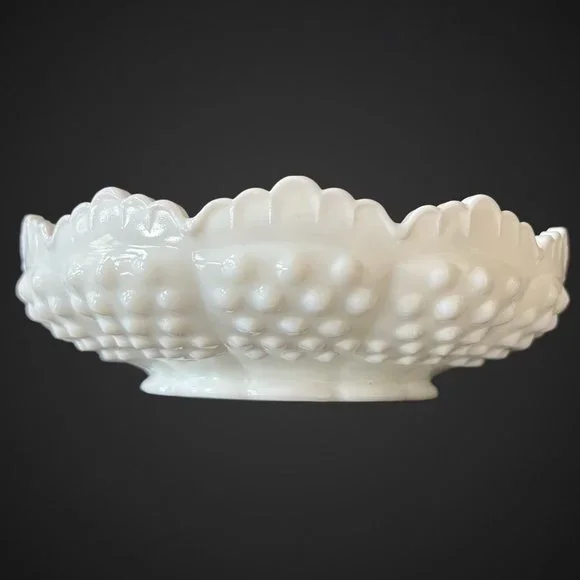 Vintage Fenton Glass Ashtray MCM White Scalloped Chip and Dip Bowl Hobnail Vtg - Picture 12 of 12